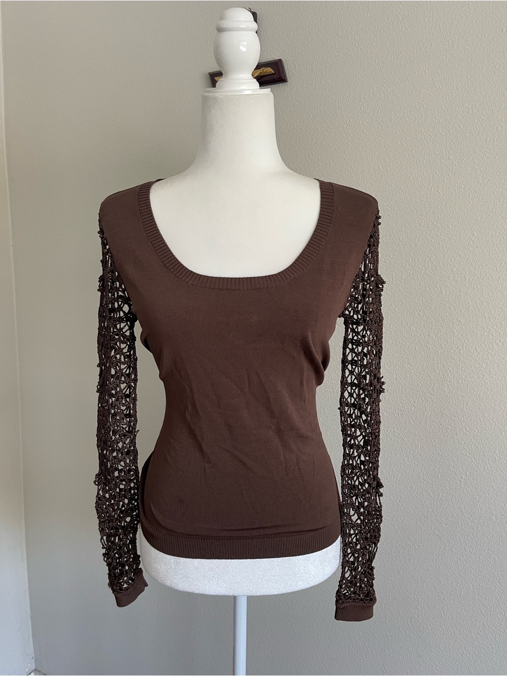 Women's Brown Crochet-Sleeve Scoop Neck Top